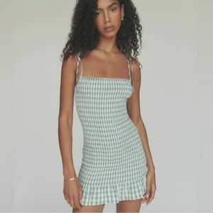 Reformation NWOT Gemini Dress in Green Check - Smocked Mini Dress